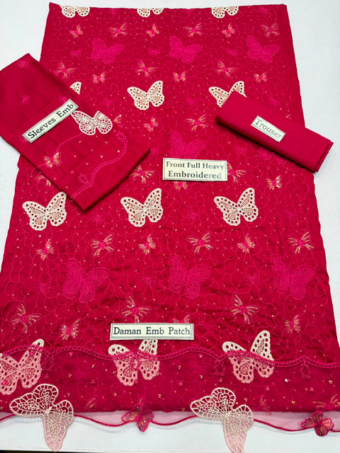 PINK FLUTER BUTTERFLY 2 PIECE EMBRIDER+CUT WORK PATCH