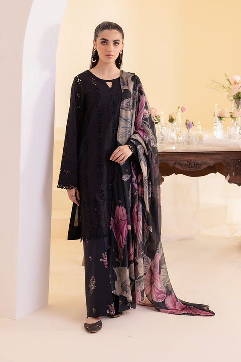 IZNIK Black Floral Dhanak Suit with Printed Dupatta.