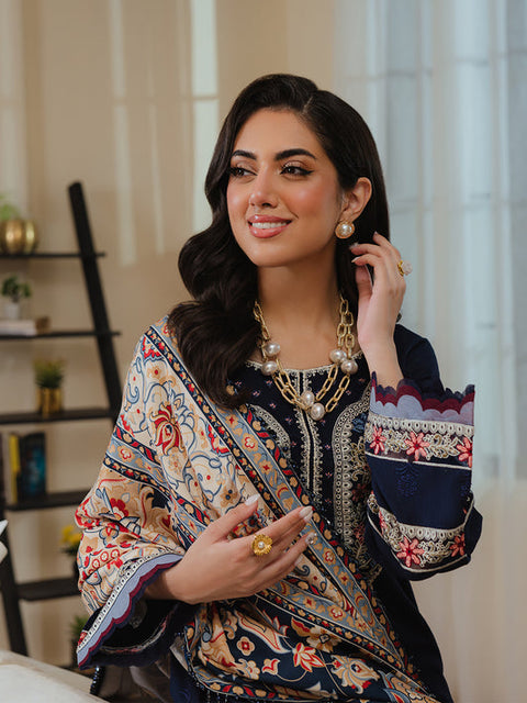 MAHNUR Navy Blue Embroidered Dhanak 3 Piece.