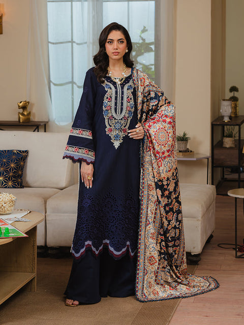 MAHNUR Navy Blue Embroidered Dhanak 3 Piece.