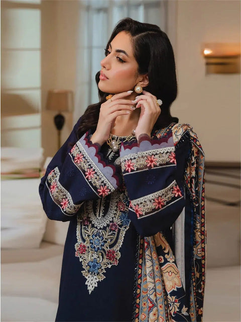 MAHNUR Navy Blue Embroidered Dhanak 3 Piece.