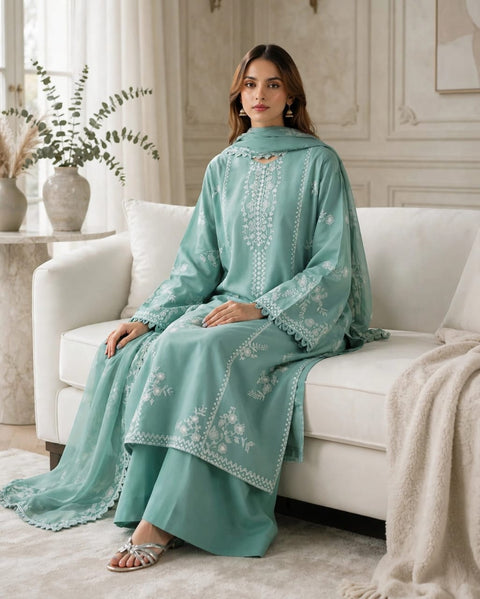 Aqua Bloom – Embroidered 3-Piece.