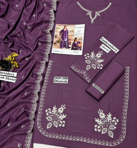 Laam Winter Elegance – Embroidered Dhank 3-Piece Suit.