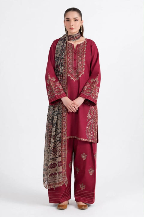 Elegant Maroon Dhanak Embroidered 3-Piece.