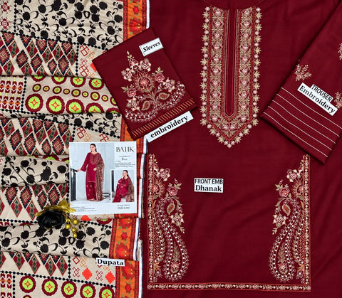 Elegant Maroon Dhanak Embroidered 3-Piece.