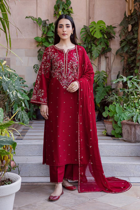 BATIK Royal Mehroon Dhanak Embroidered 3-PC.