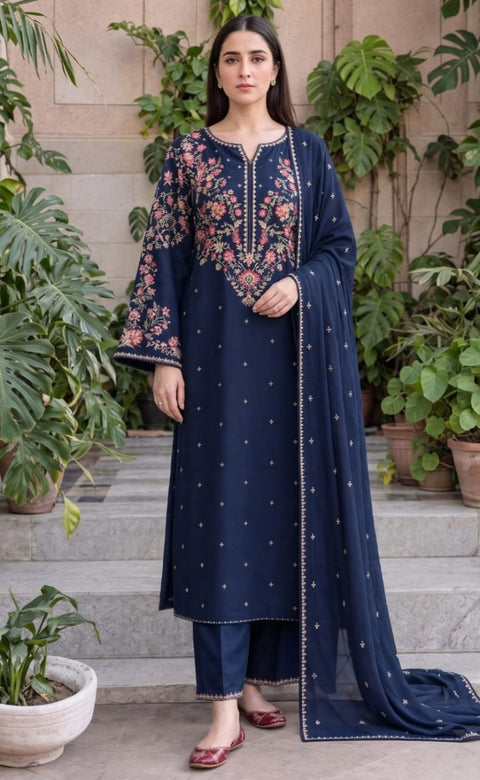 BATIK Royal  Blue  Dhanak Embroidered 3-PC.