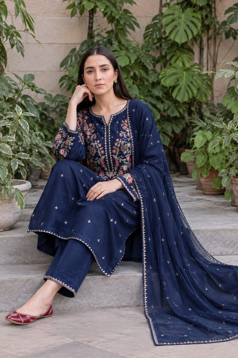 BATIK Royal  Blue  Dhanak Embroidered 3-PC.