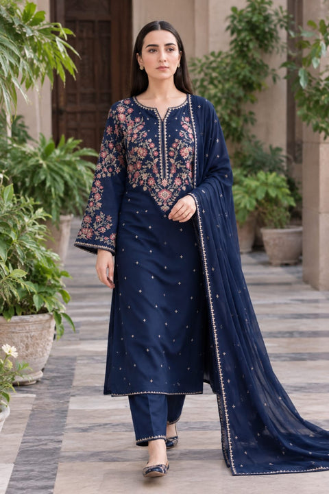 BATIK Royal  Blue  Dhanak Embroidered 3-PC.