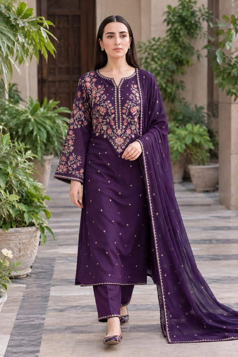 BATIK Royal  purple  Dhanak Embroidered 3-PC.