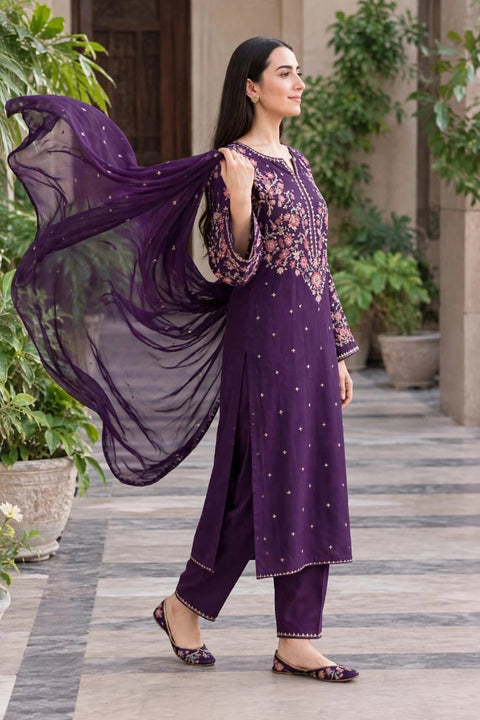 BATIK Royal  purple  Dhanak Embroidered 3-PC.