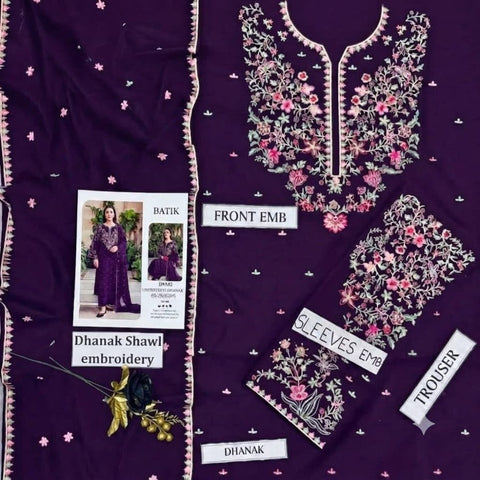 BATIK Royal  purple  Dhanak Embroidered 3-PC.