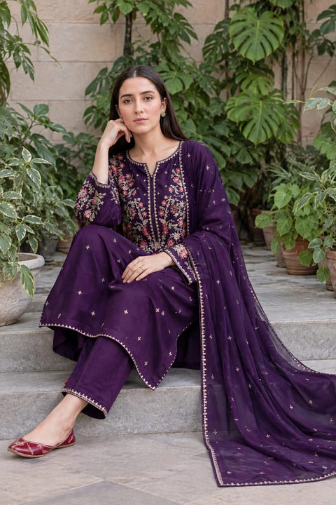 BATIK Royal  purple  Dhanak Embroidered 3-PC.