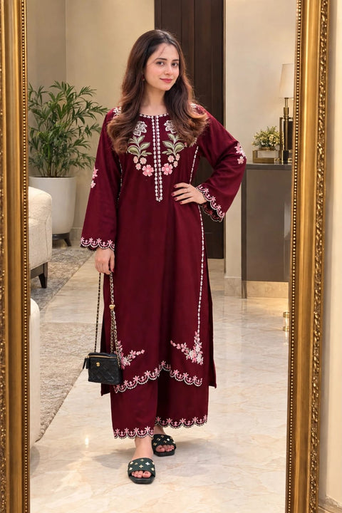 Elegant Maroon Embroidered Dhank  2-Pc.