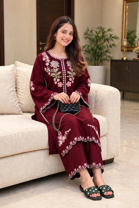 Elegant Maroon Embroidered Dhank  2-Pc.