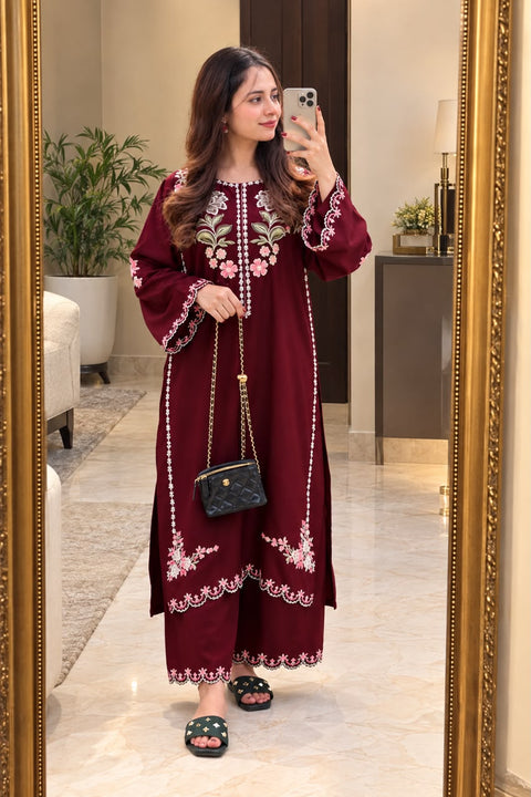 Elegant Maroon Embroidered Dhank  2-Pc.