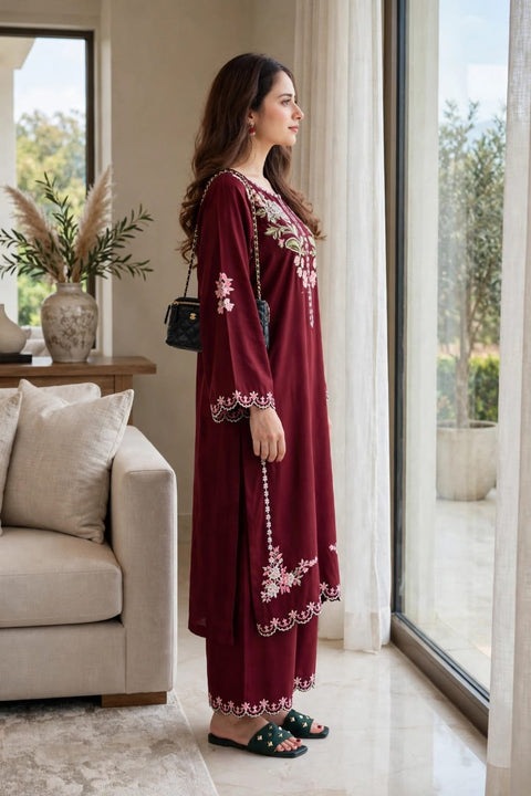 Elegant Maroon Embroidered Dhank  2-Pc.
