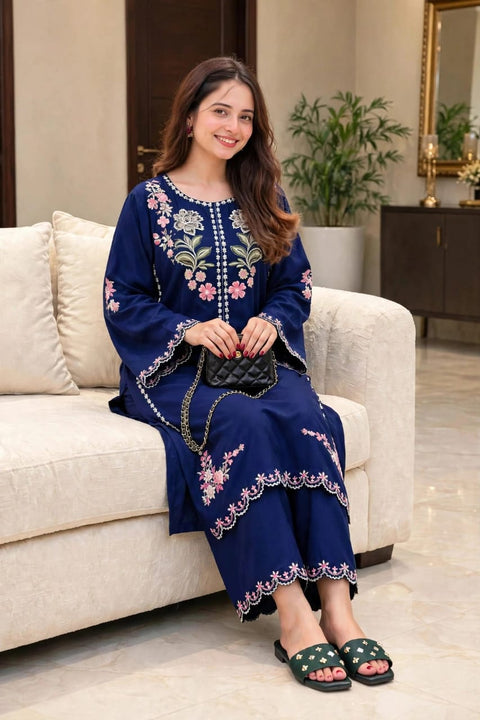 Elegant Blue Embroidered Dhanak 2-Pc .