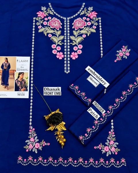Elegant Blue Embroidered Dhanak 2-Pc .
