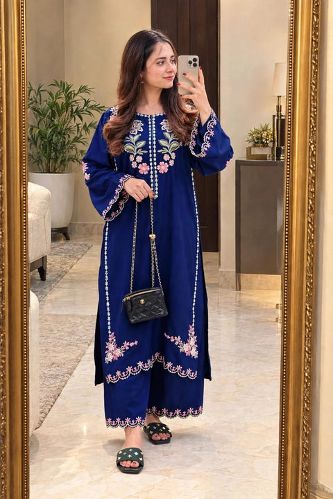 Elegant Blue Embroidered Dhanak 2-Pc .