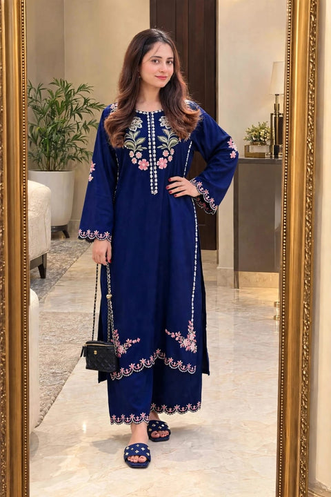 Elegant Blue Embroidered Dhanak 2-Pc .