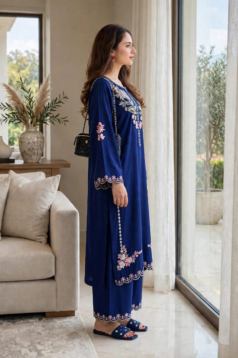 Elegant Blue Embroidered Dhanak 2-Pc .