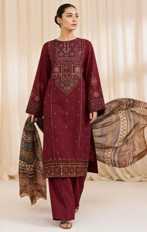 Sapphire Maroon Dhanak Embroidered 3-Piece.