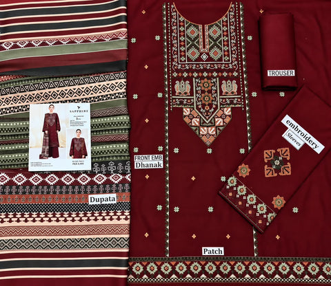 Sapphire Maroon Dhanak Embroidered 3-Piece.