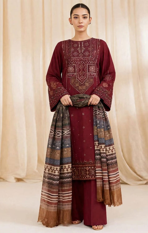 Sapphire Maroon Dhanak Embroidered 3-Piece.