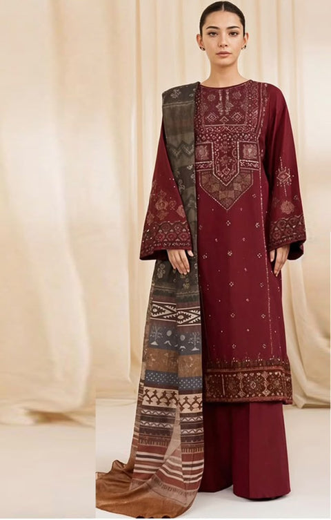 Sapphire Maroon Dhanak Embroidered 3-Piece.