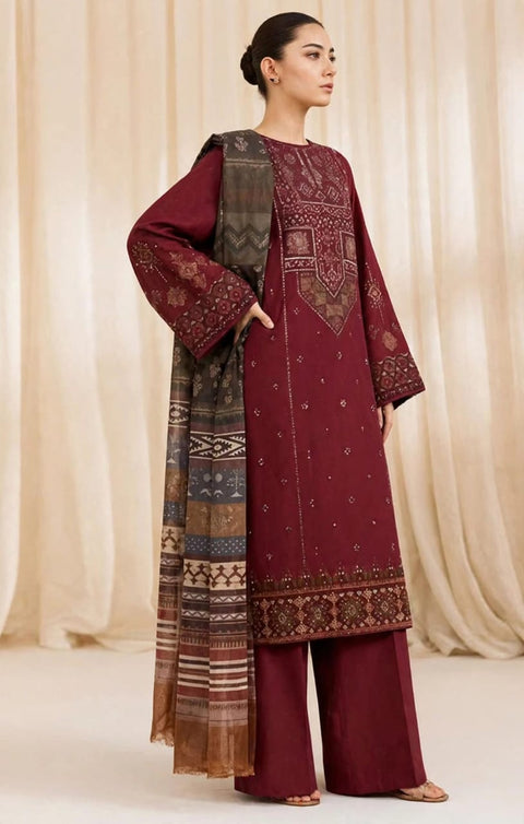 Sapphire Maroon Dhanak Embroidered 3-Piece.