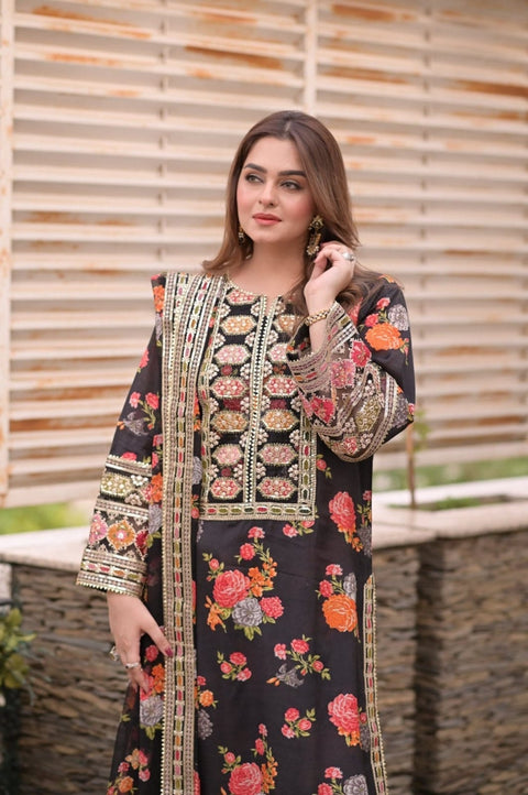 NOIR BOTANICA HEVAY EMBRIDERY+SEQUENCE WORK PINTED SILK 3 PIECE