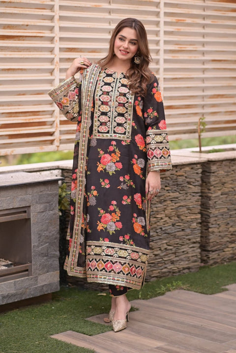 NOIR BOTANICA HEVAY EMBRIDERY+SEQUENCE WORK PINTED SILK 3 PIECE
